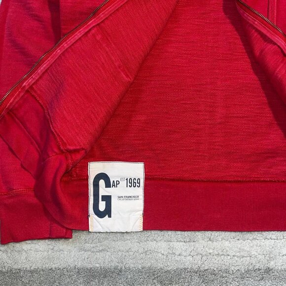Vintage Y2K GAP red zip-up hoodie with classic 1969 logo patch on front hem. - Picture 5 of 8